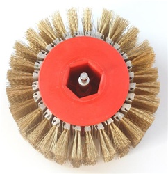 Hub and steel brushes 4" in width and 8 3/4" diameter, 28 segment. Made to attach to a drill chuck.